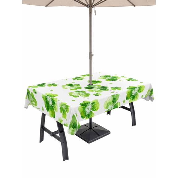 St. Patrick's Day Outdoor Tablecloth - 52x70 Inch Rectangle Dining Table Cover, Watercolor Lucky Shamrock Polka Dots Green Waterproof Outdoor Table Cloth with Umbrella Hole & Zipper for Picnic/Patio