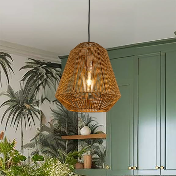 Handcrafted 1-Light Farmhouse Natural Rattan Pendant Light-Coastal Lantern Hanging Lamp With Rope Woven Shape