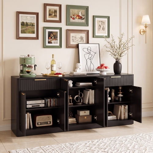 67" Fluted Buffet Sideboard, Modern Wine Bar Cabinet with 6 Doors & 2 Drawers, Coffee Bar Credenza for Dining Room, Living Room, Entryway, Black