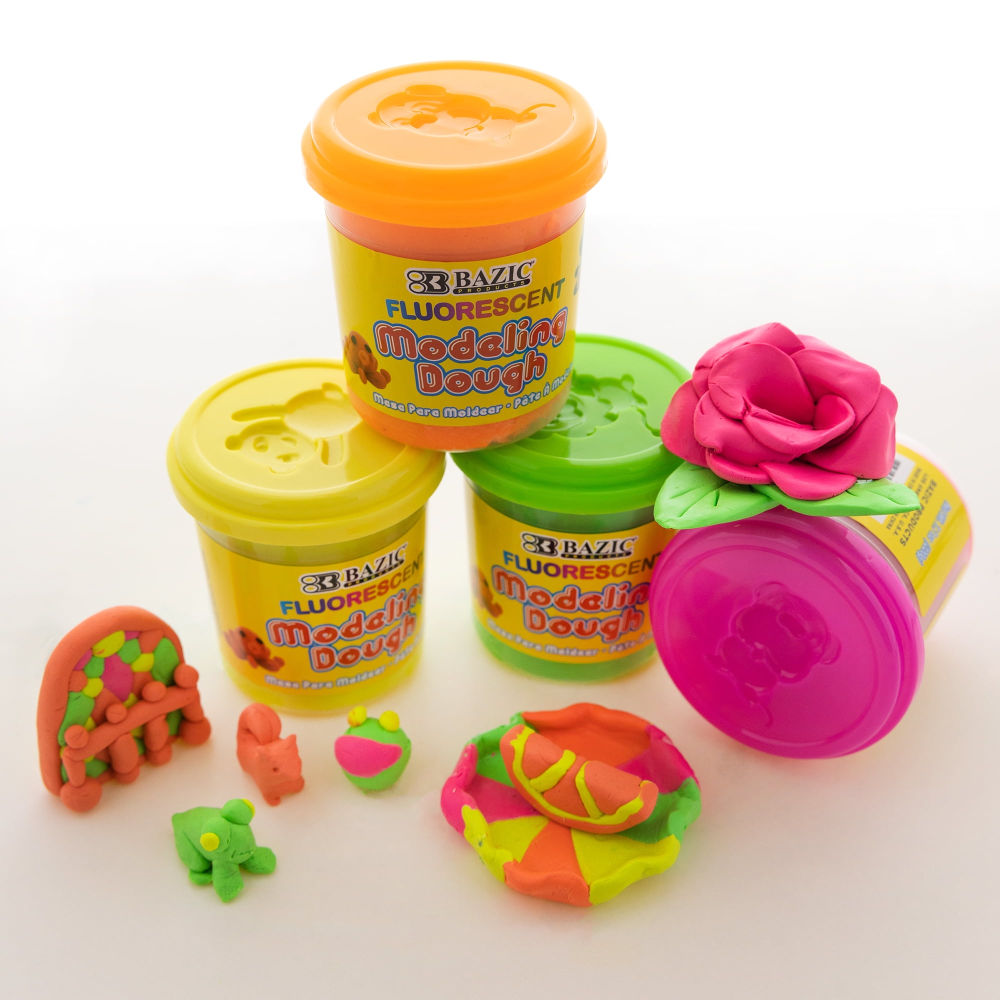 BAZIC Modeling Dough 7.76 Oz, 4 Fluorescent Colors, Non Toxic w/ Mold Caps, 24-Pack