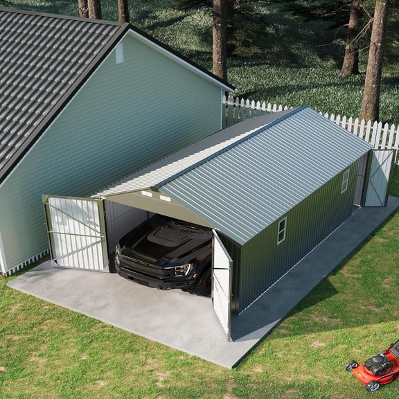 Gaderth 12x20 ft Enclosed Metal Car Port, Carport with Vertical Steel Roof for All-Weather Use, Reinforced Frame and Steel Roof, Metal Garage Shed for Full-Sized Pickup Trucks & SUV