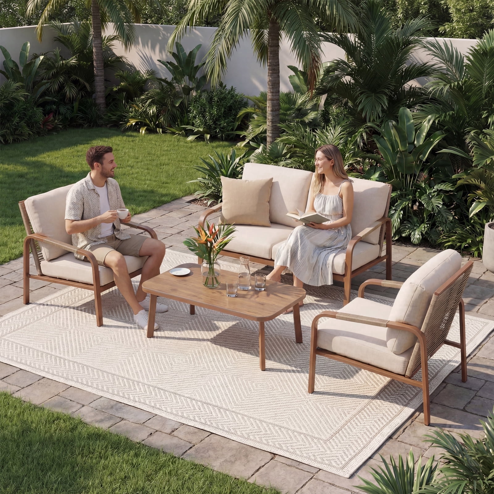 4-Piece Aluminum Outdoor Sectional Furniture Set with Sofa, Cushions and Coffee Table