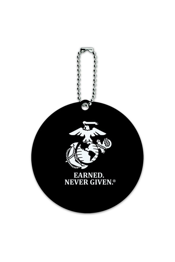 Marine Corps USMC Earned Never Given White Black Logo Officially Licensed Round Luggage ID Tag Card Suitcase Carry-On