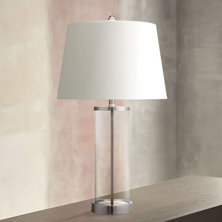 Clear Glass Table Lamps For Living Room 360 Lighting Coastal Table Lamp Clear Glass Cylinder Steel Fillable White Drum Shade for Living Room Family Bedroom Bedside Office ()
