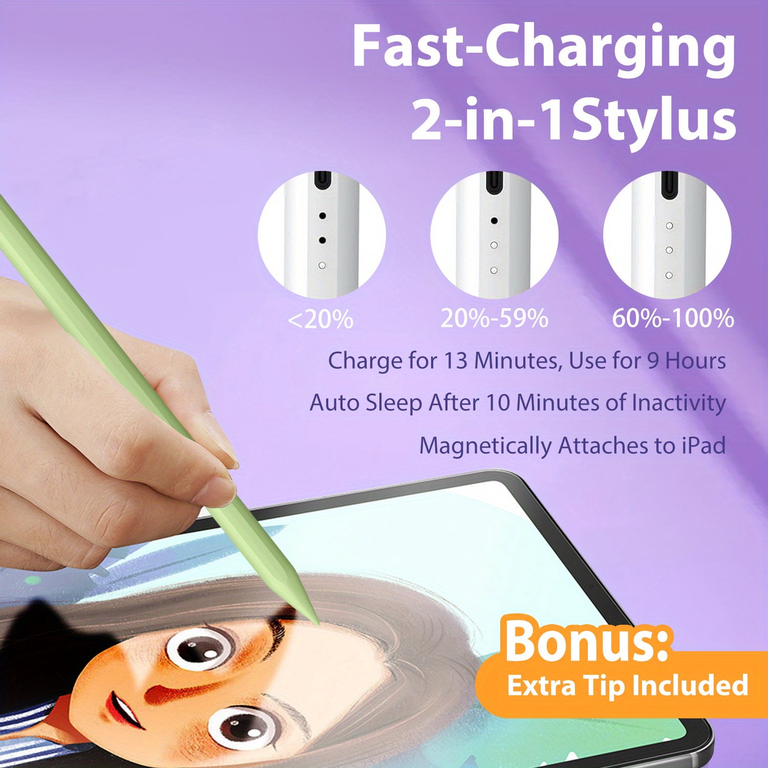Beteliva 2 Pc Stylus Pen for Apple iPad A16 11th/10/9/8/7/6, Fast Charge Stylus Pencil for iPad-Purple+Green