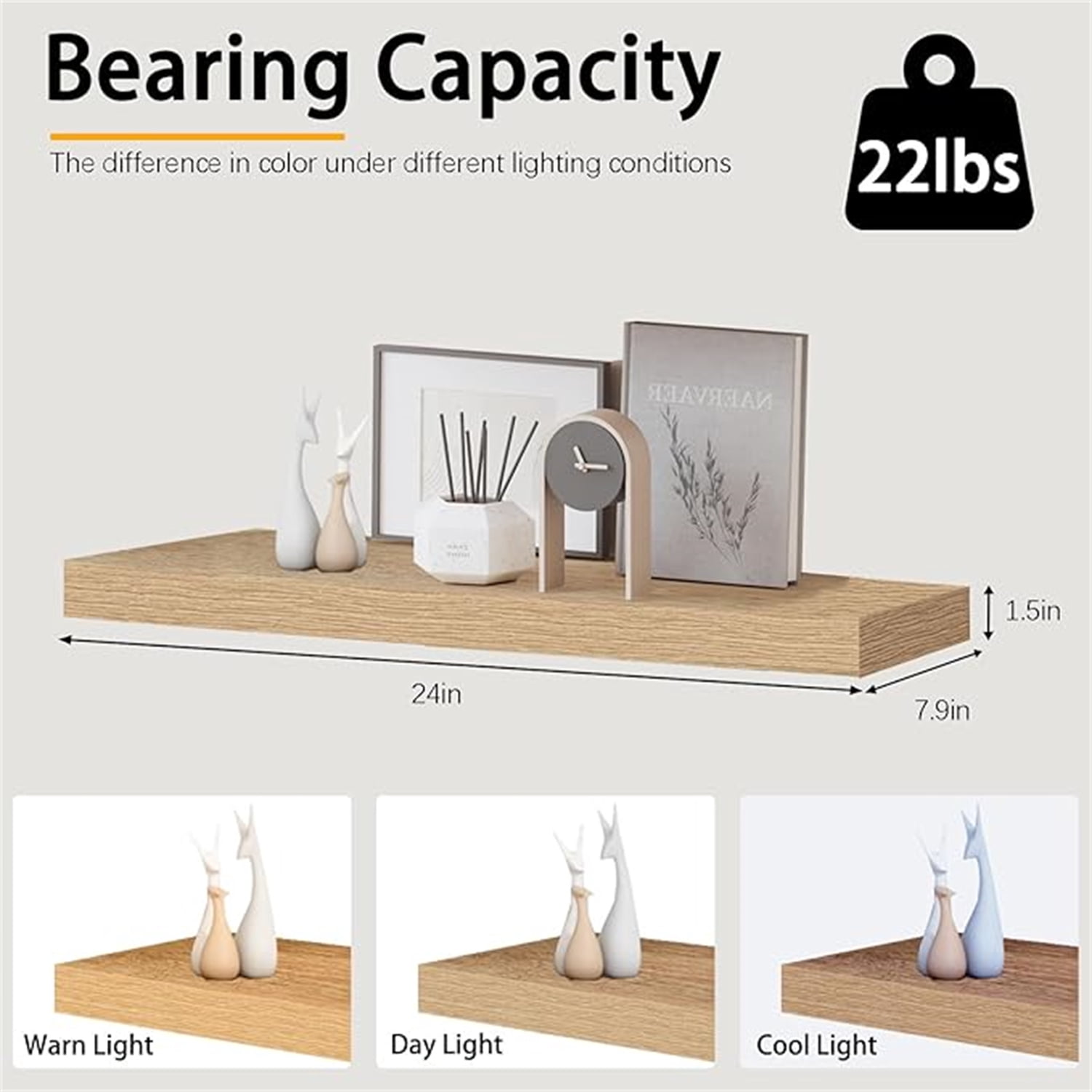 Oak Floating Shelves for Wall，24in Wall Mounted Display Ledge Shelves Perfect for Bedroom, Bathroom, Living Room and Kitchen Decoration Storage (Oak, Set of 2)