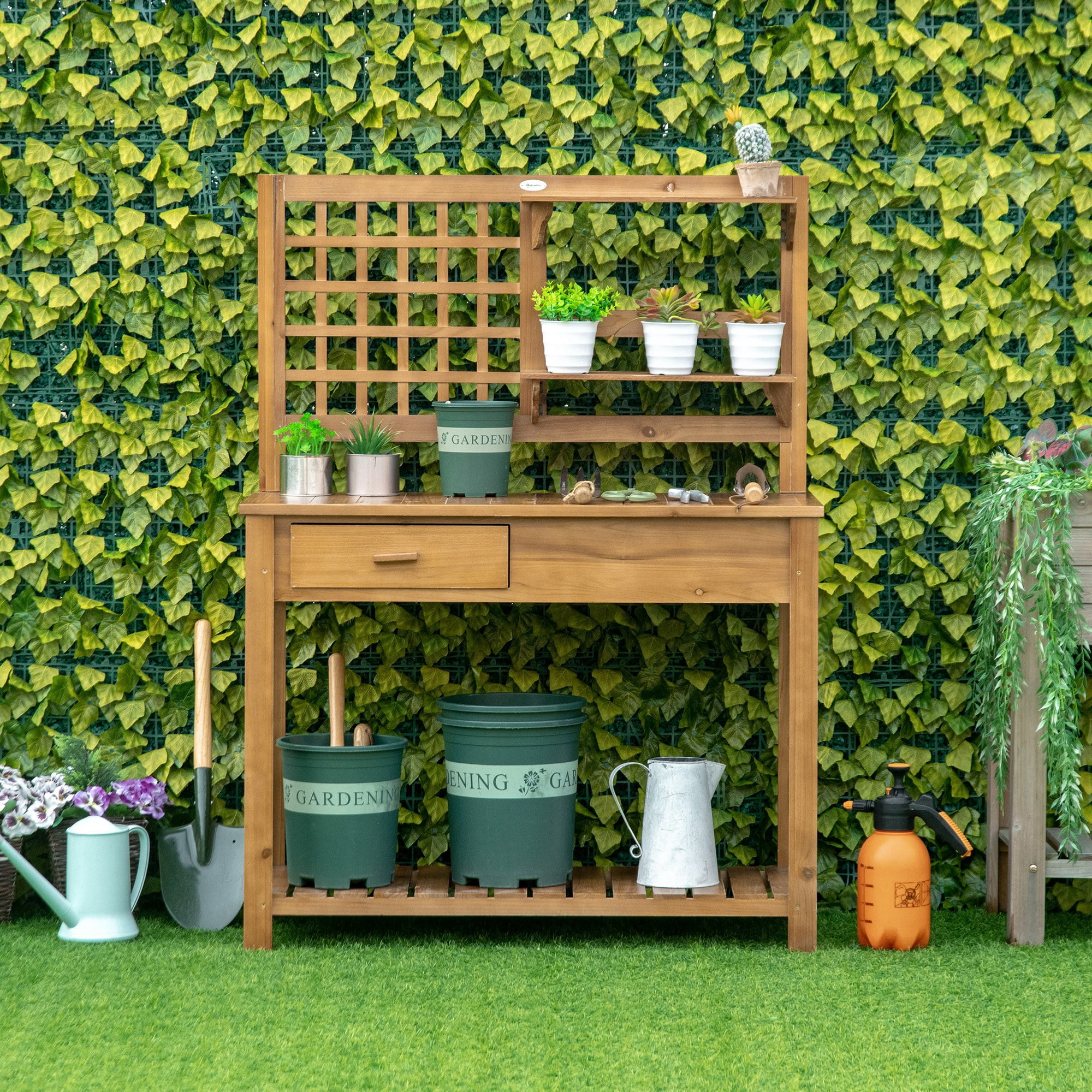 Potting Bench Table, Garden Work Bench, Outdoor Wooden Workstation with Tiers of Shelves and Drawer for Patio, Courtyards, Balcony, Brown