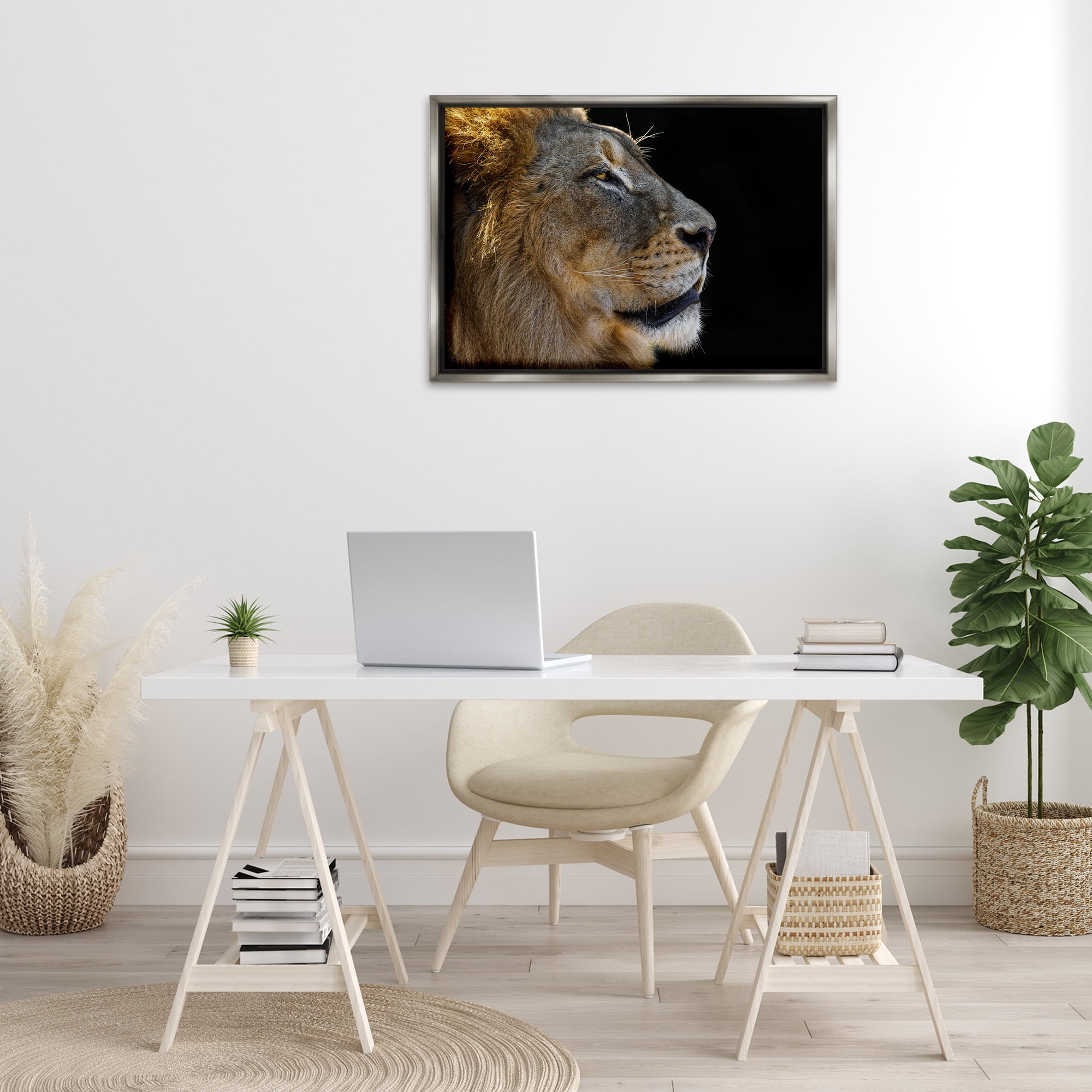 Stupell Industries Fierce Lion Looking Right Animals Photography Gray Floater Framed Canvas Art Print Wall Art, 31 x 21