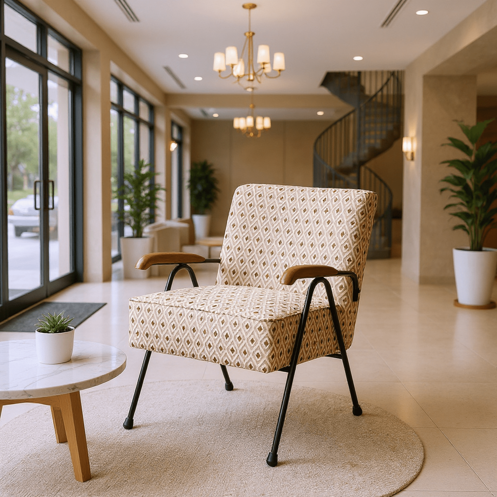 Homy Casa Accent Chair with Metal Legs and Upholstery, Living Room Reading Armchair,Beige Geometric