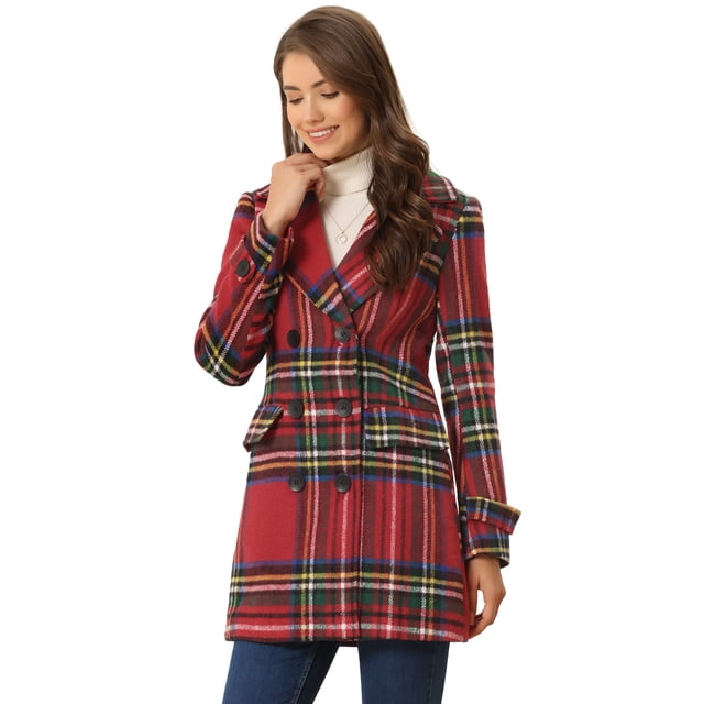 Abrigo De Cuadros De Invierno Con Doble Botonadura Y Solapa Con Muesca Para Mujer Rojo Verde M