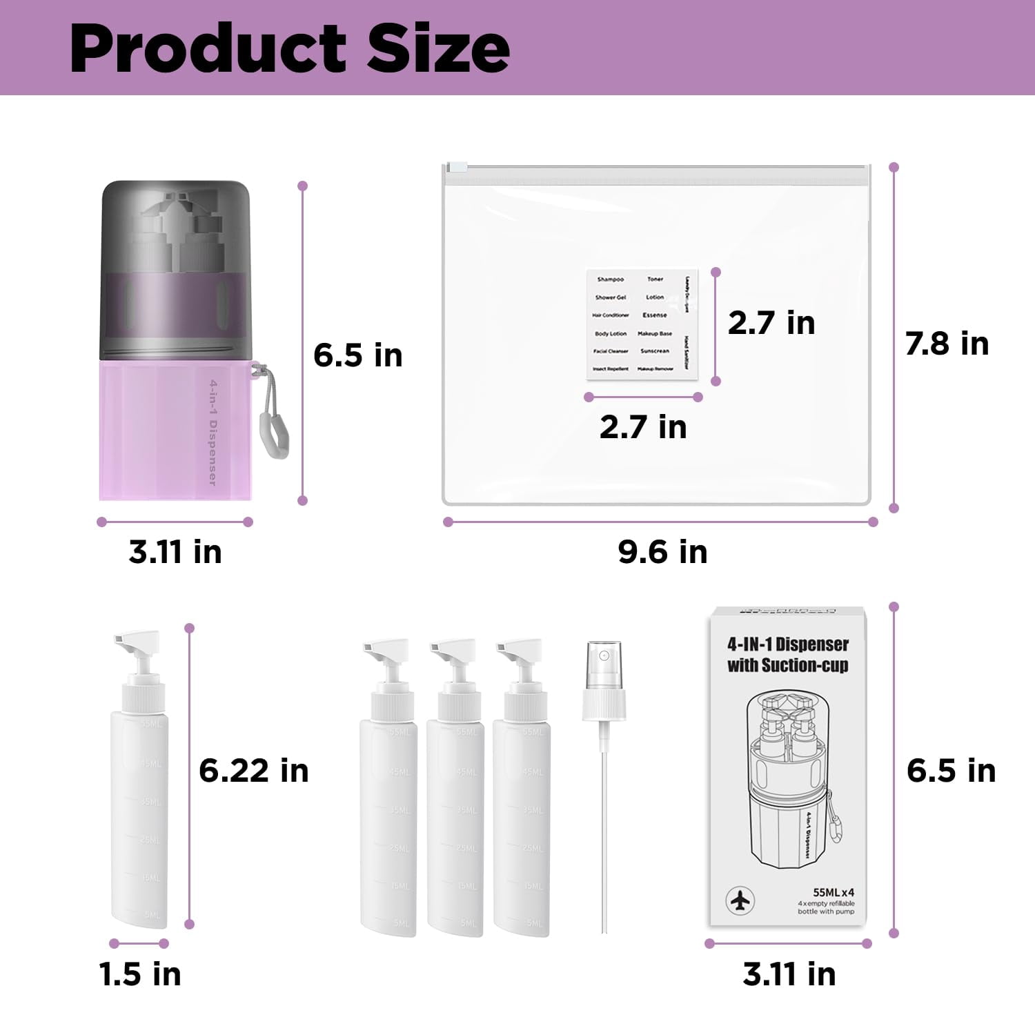 4 in 1 Travel Toiletry Containers, Refillable Travel Size Toiletries Bottles Set with Suction Cup for Smooth Walls - for Shampoo,Conditioner,Body Wash,Lotion