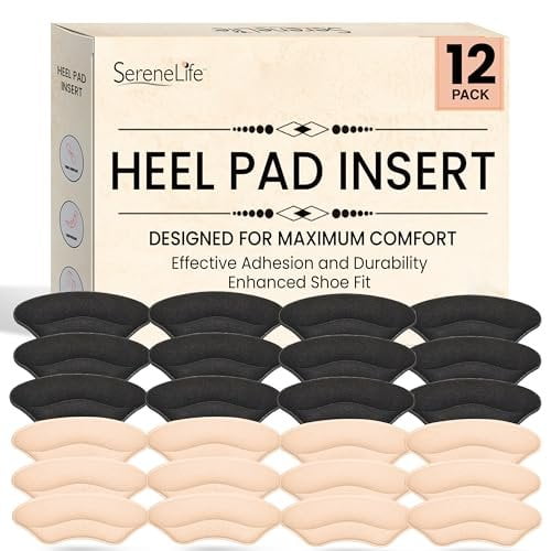SereneLife Heel Pad Shoe Insert - 12 Pairs of Shoe Pad Inserts for Men & Women's Shoes, High Heels, Loafers & Sneakers - Soft & Comfortable - Strong Adhesive for Lasting Adhesion - Black & Apricot