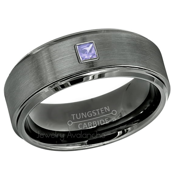 Brushed Gunmetal Tungsten Ring - 0.05ct Princess Cut Solitaire Tanzanite Ring - Personalized Tungsten Wedding Ring - Custom Made December Birthstone Ring TN616x1TZN.05ct-s13