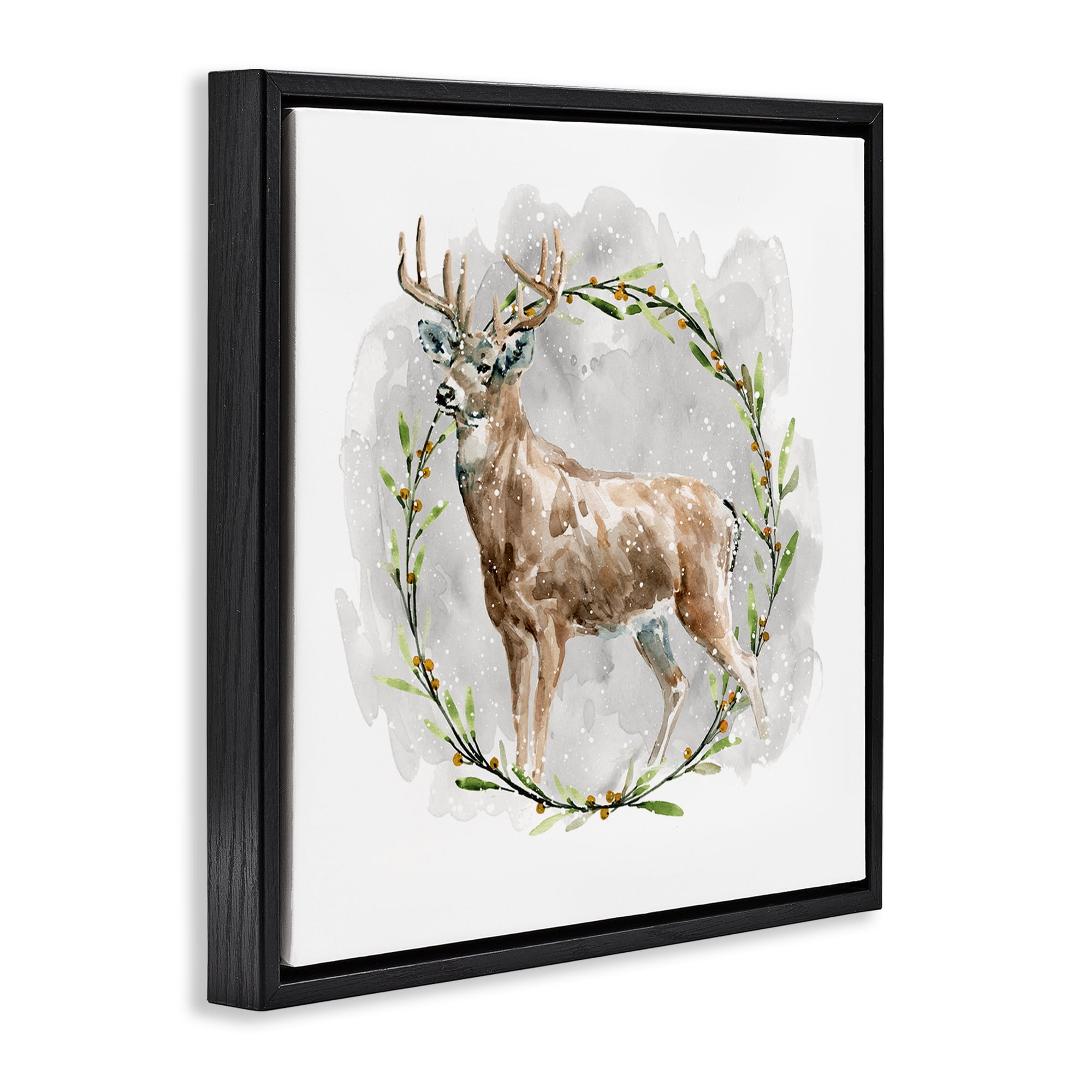 Stupell Industries Rustic Deer with Wreath Animals & Insects Painting Black Floater Framed Canvas Art Prints Wall Art, 25 x 25