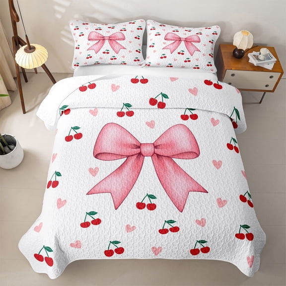 Erosebridal Coquette Cherry Bow Twin Quilt Set,Pink Ribbon Cherry Heart Twin Coverlet Set For Girls,2-Piece