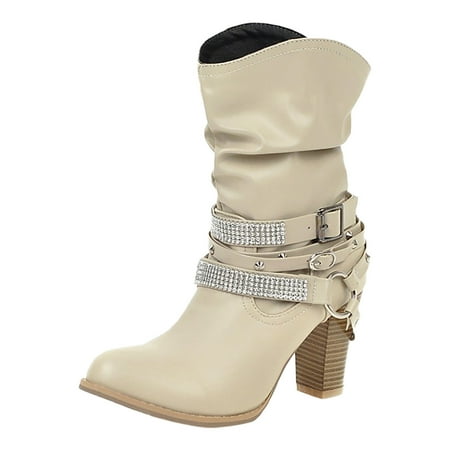 

Ediodpoh Short Boots European and American Diamond Thick High Heel Belt Buckle Women s Short Boots Womens Boots Beige 7.5
