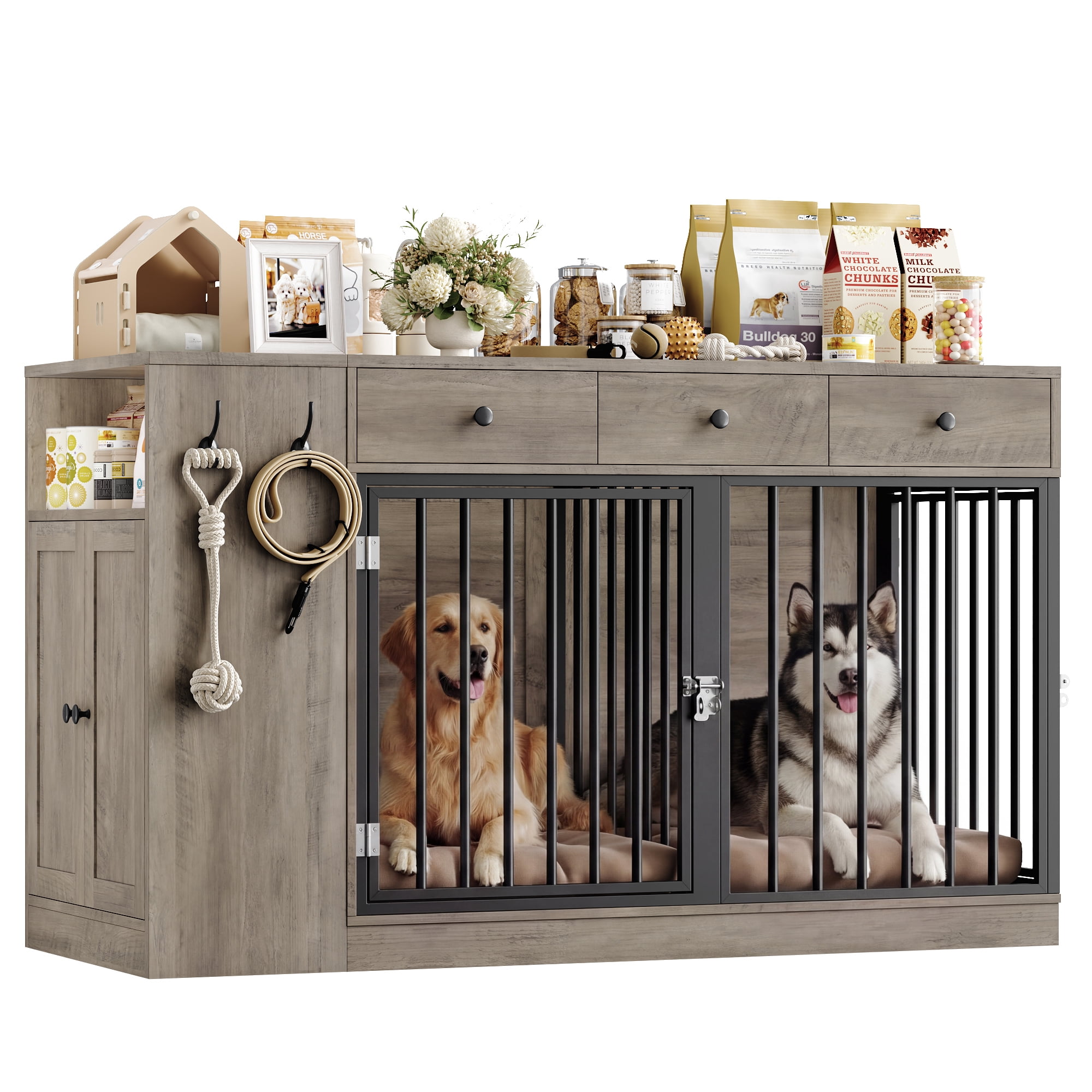 Homfa 59'' Large Double Dog Crate Furniture with 3 Drawers and Side Cabinet & Shelf, Indoor Wooden Dog Kennel with Removable Divider for 2 Medium or Large Dogs, Gray