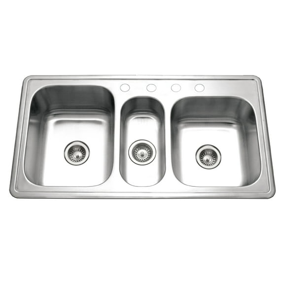 Houzer Premier 41 in Stainless Steel Topmount 4-hole Triple Bowl Kitchen Sink with Strainer - PGT-4322-1