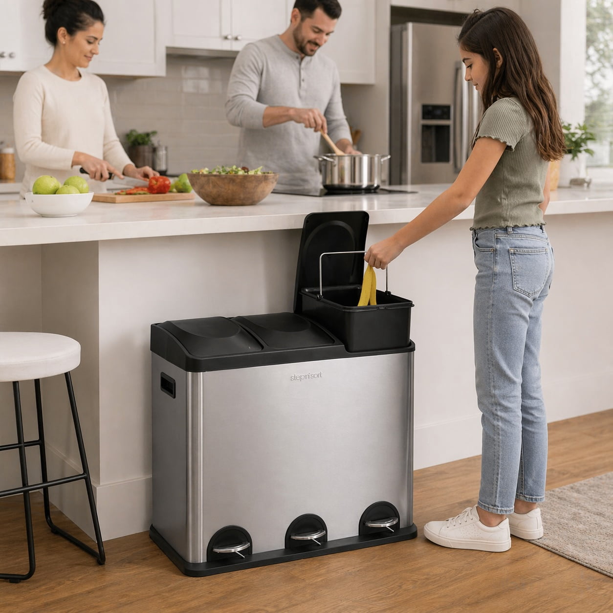 Step N’ Sort 60L 3-Compartment Trash & Recycling Bin – Triple Kitchen Waste System with Step Pedals, Stainless Steel Garbage, Recycling & Compost Sorter with Removable Bins