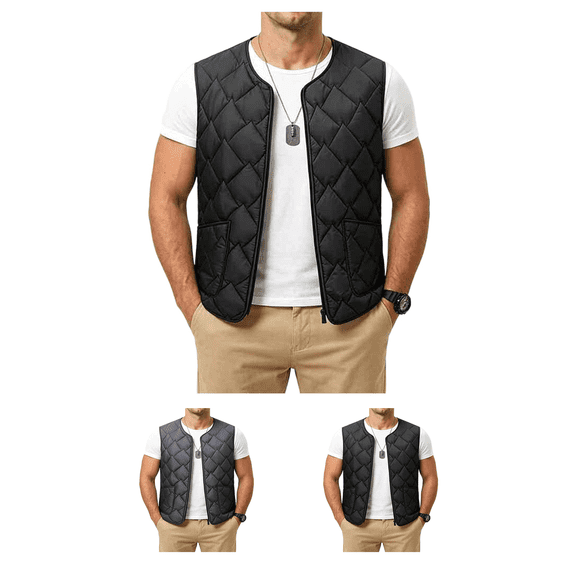 Atkumj Quilted Puffer Vest Men Casual Full Zip Solid Color Winter Vest Comfortable Sleeveless Puffy Vest with Pockets S