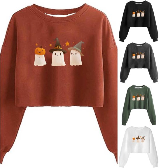 Trendfront Womens Relaxed Halloween Ghosts Graphic Sweatshirt Crewneck Long Sleeve Cute Holiday Design Cropped Fit Casual Fall Pullover Tops