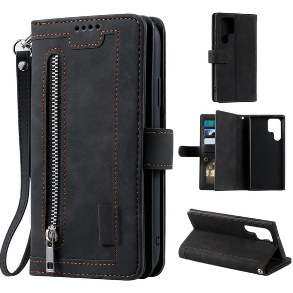 Wallet Case Compatible with Samsung Galaxy S25 Ultra, Card Holder and Wrist Strap, Durable Faux Leather Magnetic Closure Flip Cover with Zipper Pocket, for Samsung Galaxy S25 Ultra, Black