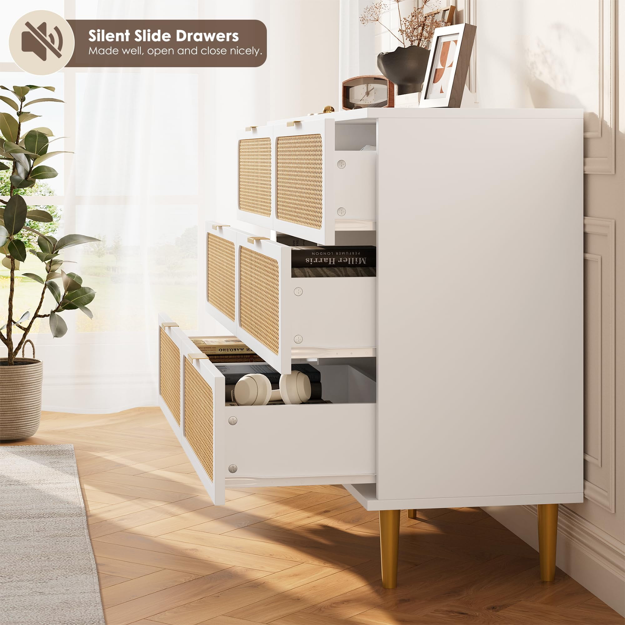 Senfot 6 Drawer Dresser for Bedroom, Large Modern Double Dresser for Closet with Wide Top, Rattan Chest of Drawers with Deep Drawers, Horizontal Wooden Dresser for Hallway, Living Room, White