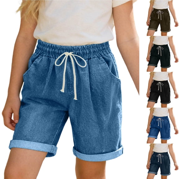 Frostluinai Girls Bermuda Jean Shorts 3-14Y Elastic Waist Retro Cuff Rolled up Denim Shorts Baggy Casual Knee Length Shorts with Pocket