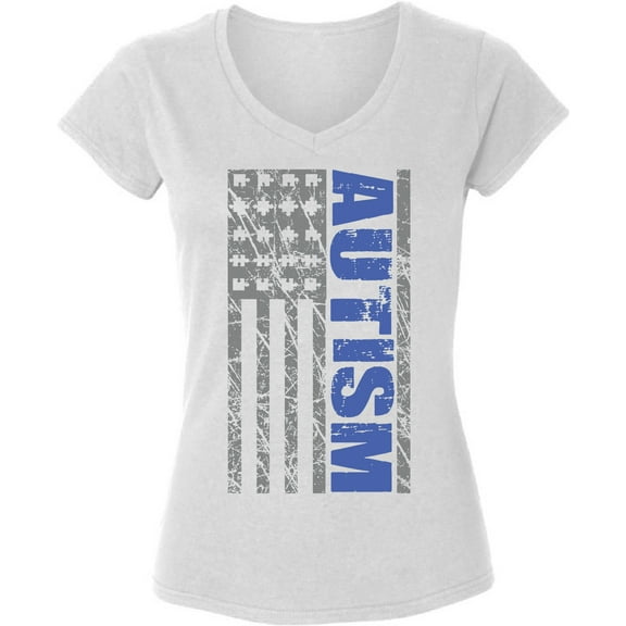 Autism Awareness American Flag V-Neck T-Shirt for Women - Autism Puzzle Graphic Tee