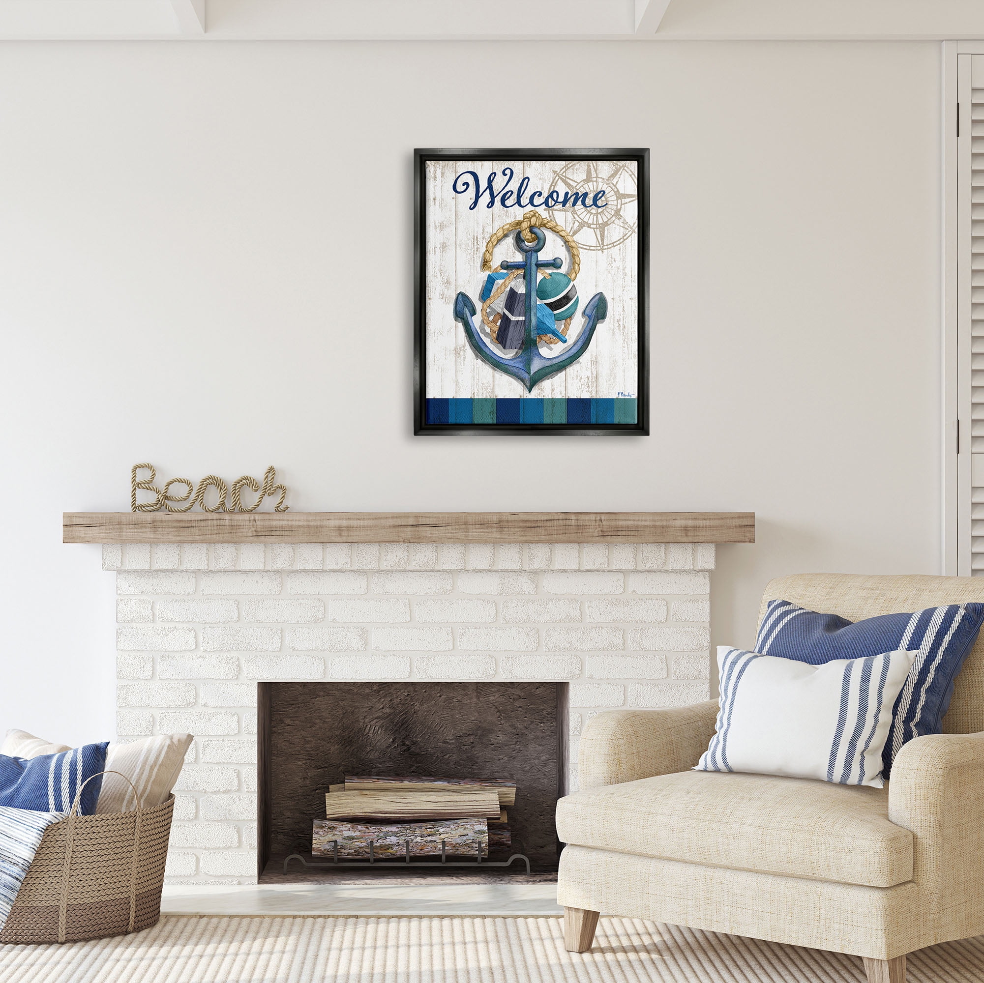 Stupell Industries Welcome Nautical Buoys Nature Painting Black Floater Framed Art Print Wall Art, 25 x 31