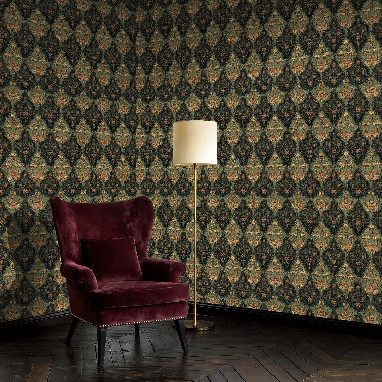 Peel and Stick Wallpaper Baroque Vintage Floral Damask Green Gold Ornate Wall Mural 17.7in x 9.8ft Self Adhesive Removable Wall Paper Renter Friendly Wallpaper for Nursery Bedroom Cabinets