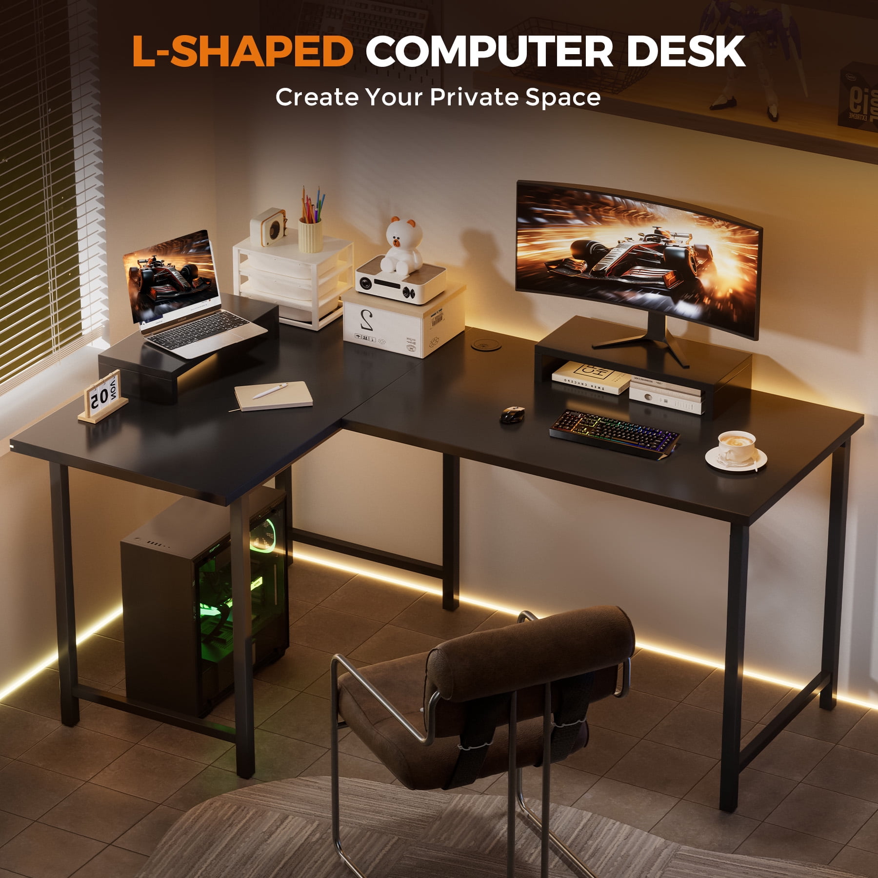 GTPLAYER  L-Shaped Gaming  Computer Desk ,62.2“ Gaming Table inch PC Writing Study Desk with Movable Monitor Stands for Home Office, Black