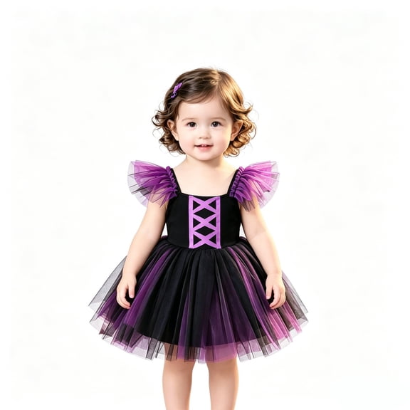 WOYY Girls Halloween Sleeveless Tulle Dress Square Neck Party Dress, Purple, Sizes 6M-3T
