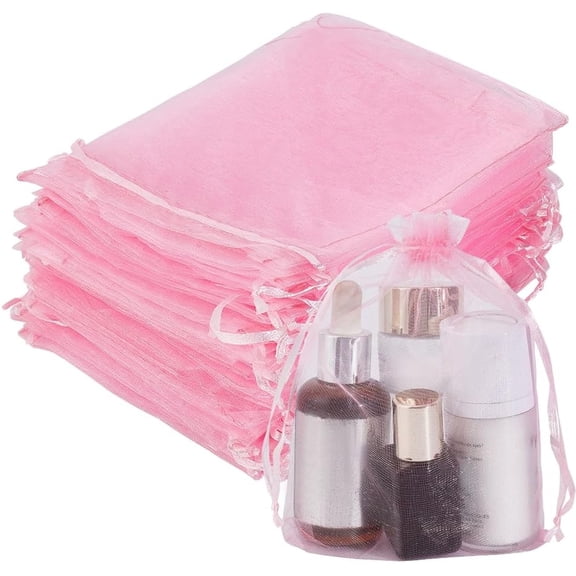 OFEFE 100pcs 5x7inch Pink Organza Drawstring Bags Gift Bags Mesh Sheer Bags Party Favors Bag for Birthday Party Valentine's Day Christmas Festival Gift Bags
