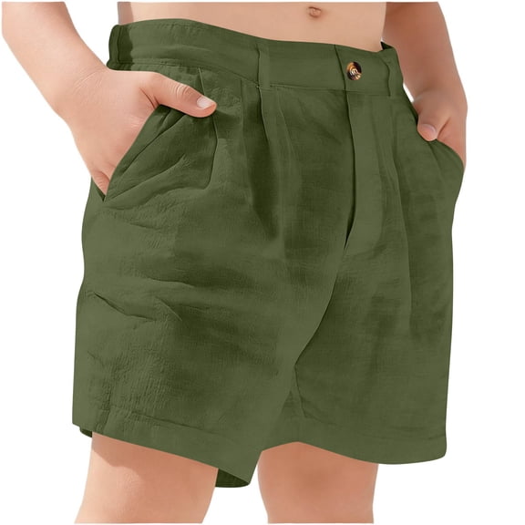 BRGZLK Linen Shorts for Kids Summer Solid Color Elastic High Waisted Lightweight Wide Leg Straight Leg Casual Bermuda Shorts with Pockets for Boys Girls Army Green 7-8 Years