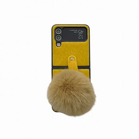Allytech Galaxy Z Flip 4 Case, With Cute Girly Soft Warm Faux Fur Ball Protective Shockproof Case for Girls Women Cover for Samsung Galaxy Z Flip 4 5G Phone - Brown