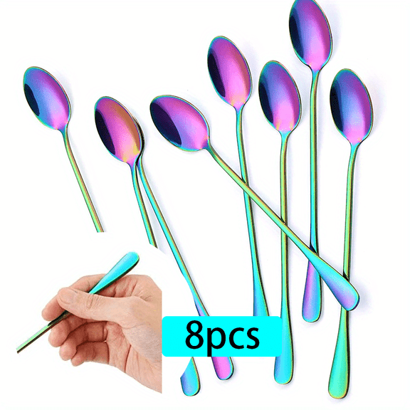 Long Handle Spoons, Colorful Plated Latte Spoon, Stainless Steel Ice Cream Spoon, Iced Tea, Cocktail Stirring,Tea, Coffee, Milkshake Dessert Spoons, Pack of 8