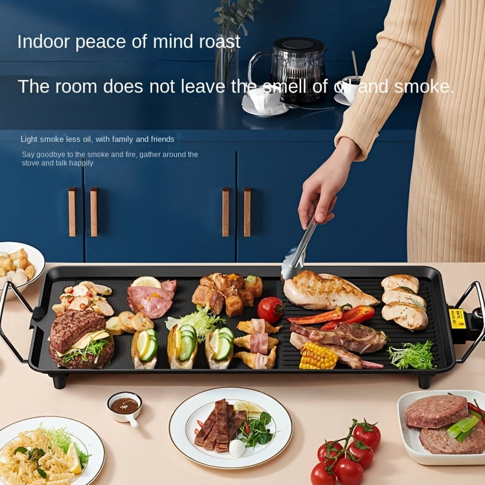 1500W Oblong Multifunctional Electric Baking Pan, 5-Gear Adjustable Temperature, Non-Stick Smokeless Design, 110V Indoor Electric Grill, Dishwasher Safe, Perfect for Fried Eggs,