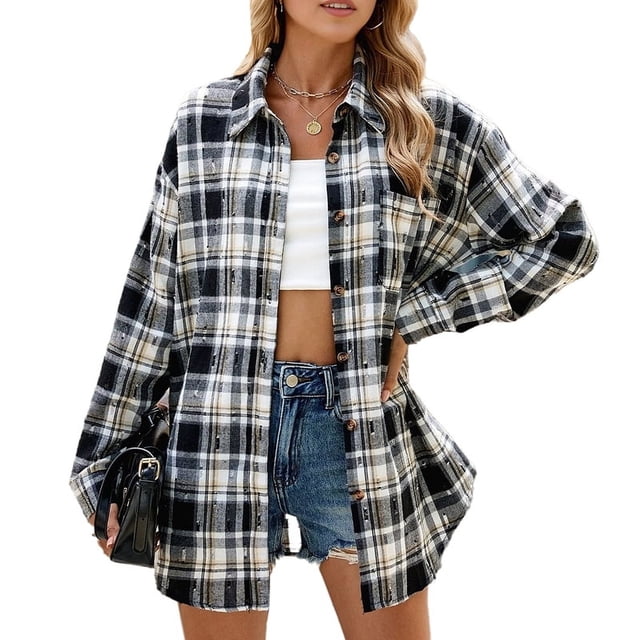 Women'S Button Down Flannel Shirts Shacket Long Sleeve Collared Business Casual Tops Work Blouses Black & white XXL