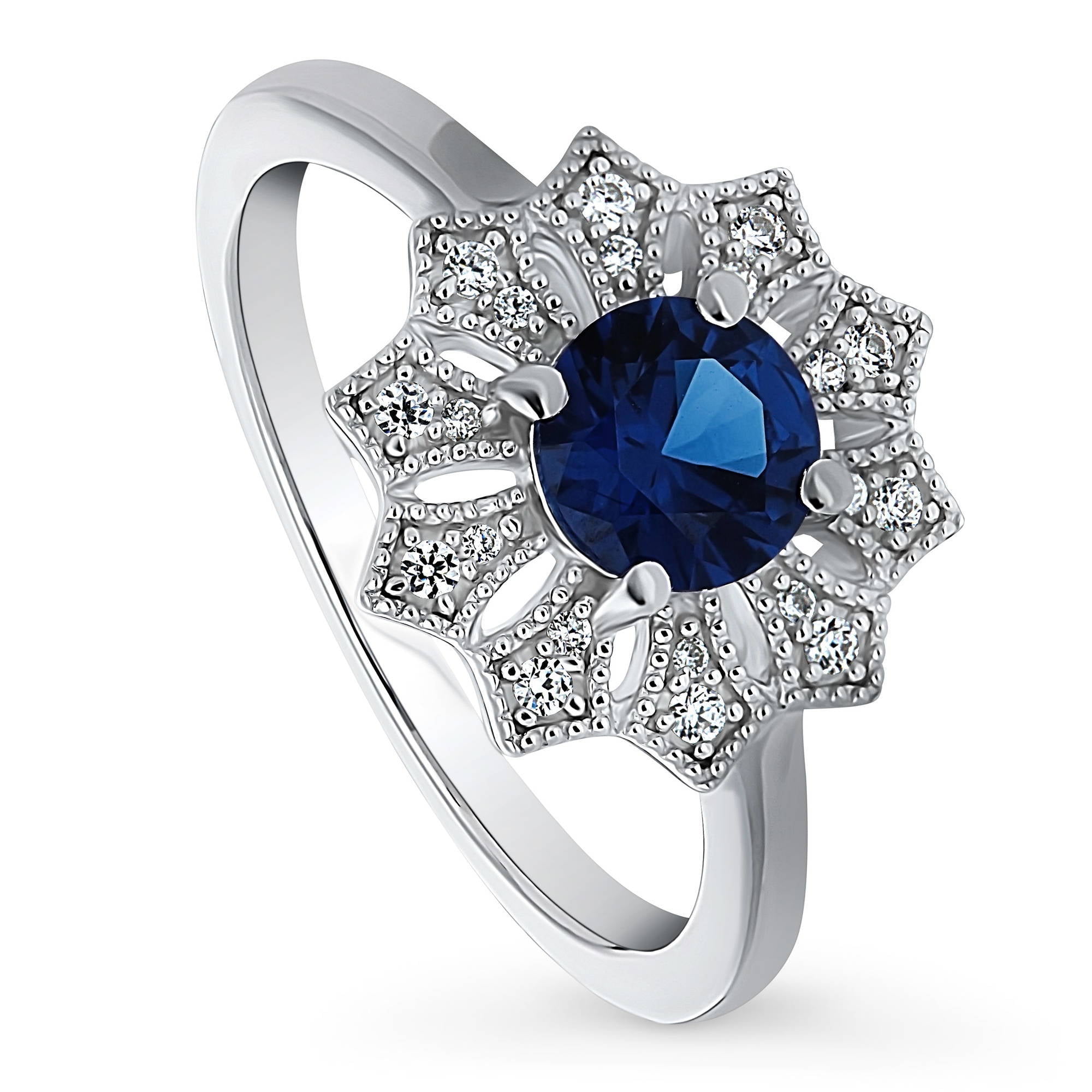 BERRICLE Sterling Silver Flower Blue Cubic Zirconia CZ Halo Fashion Ring  for Women, Rhodium Plated Size 6