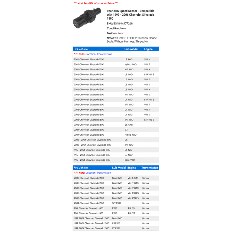 Rear ABS Speed Sensor - Compatible with 1999 - 2006 Chevy 