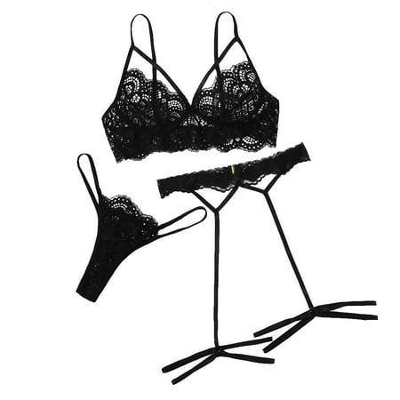

KDDYLITQ Women s Lace Babydoll Lingerie Set Teddy Lingerie Sexy Bra and Panty Sets with Garter Black XL