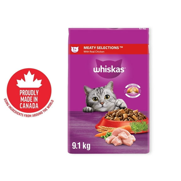 Nourriture sèche pour chats adultes WHISKAS SÉLECTIONS DE VIANDE avec poulet véritable, sac de 9,1 kg