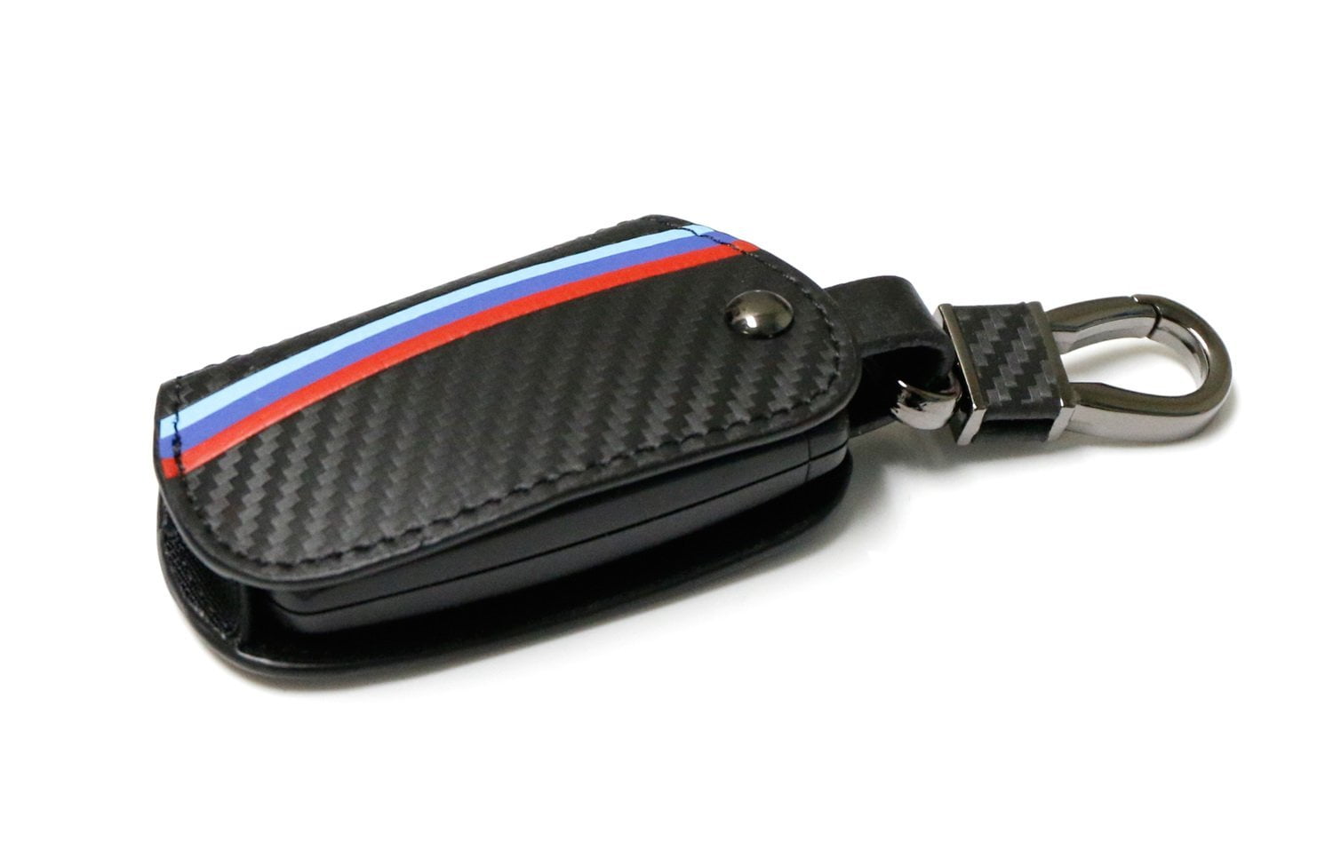 M-Colored Stripe Black Carbon Fiber Pattern Leather Key Holder
