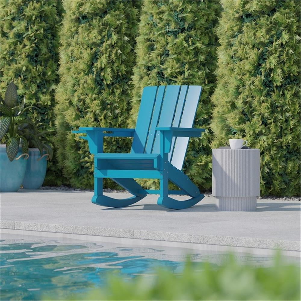 Bowery Hill Plastic Rocking Adirondack Chair with Cupholder in Blue