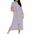 thumbnail image 3 of Fartey Women's Long Striped Nightgown Zipper Front Short Sleeve House Coat Soft Comfy Crew Neck Robes Loose Fit Casual Loungewear with Pockets Purple 2XL, 3 of 8