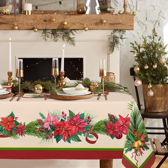 Rectangle Christmas Tablecloth,Poinsettia Holly Pine Cone Christmas Table cloth,Polyester Waterproof Wrinkle Resistant Durable Tablecloth For Holidays,Kitchen,Winter And Home Decor,Tablecloth 60x102In
