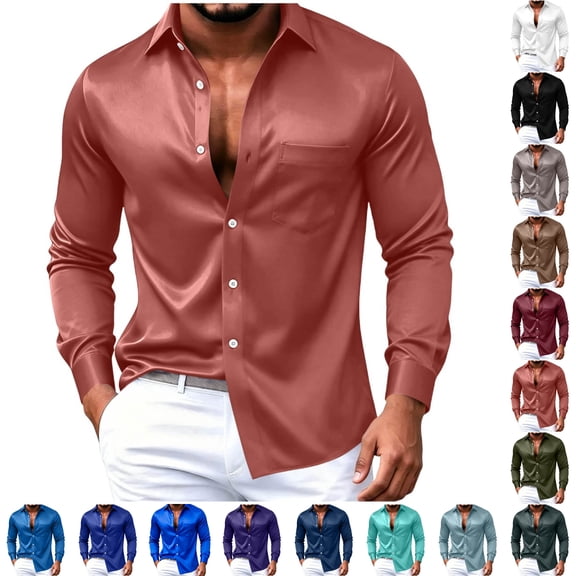 Rvwovn Men's Satin Long Sleeve Button Up Dress Shirt with Chest Pocket for Prom Wedding Club Events