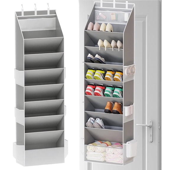 GIRACOA 8-Tier Over the Door Shoe Organizer - Heavy-Duty Oxford Fabric Hanging Storage with 9 Extra Accessory Pockets - 70.9 *16.3 * 6.7 in Large Space Saving Rack for Shoes, Hats & Belts - Grey
