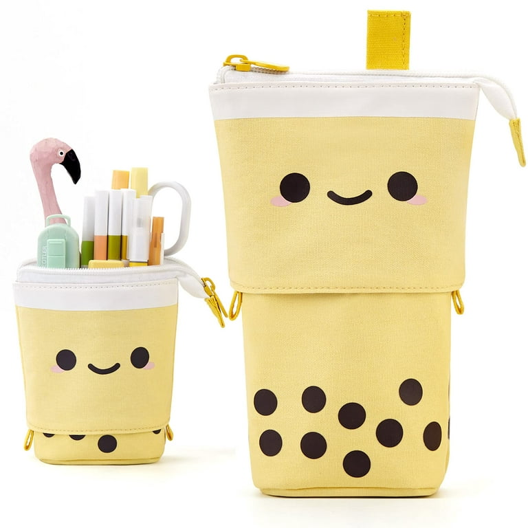 yellow kawaii standing pop-up BOBA PENCIL CASE Box Makeup Pouch Pen Holder  bag